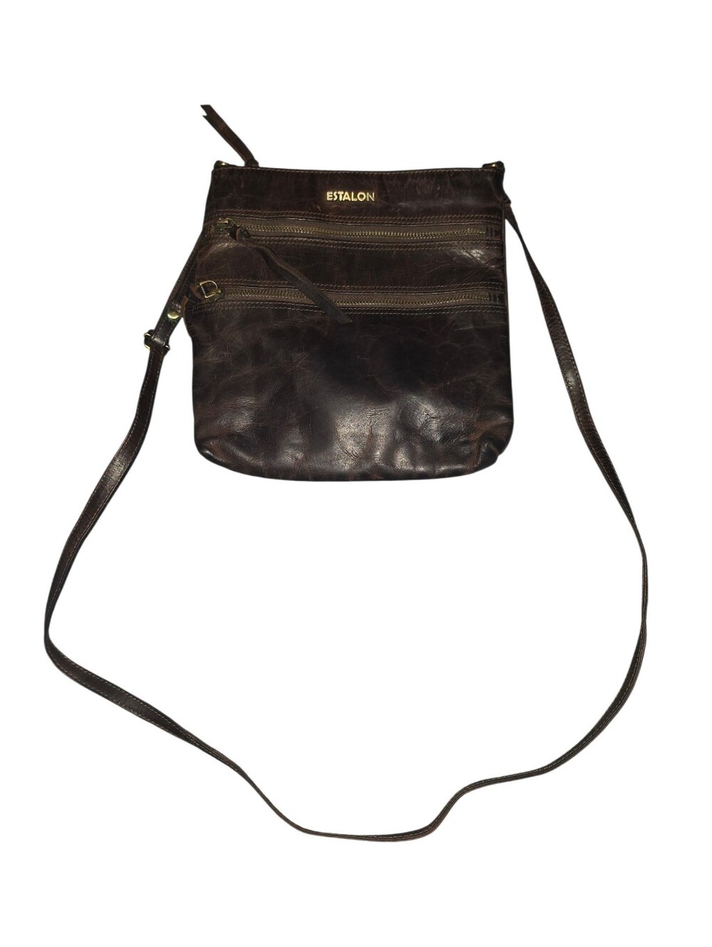 9/1/4. Estalon Dark Brown Leather Crossbody Bag with Front Zip Pockets